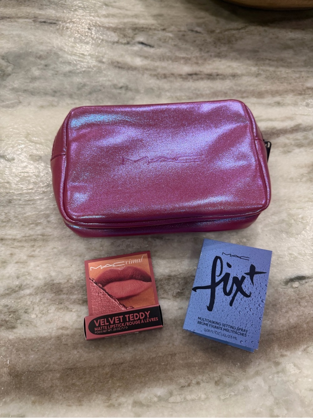 MAC Pink Shimmer Makeup Bag with MAC Fix+ & Velvet Teddy Lipstick